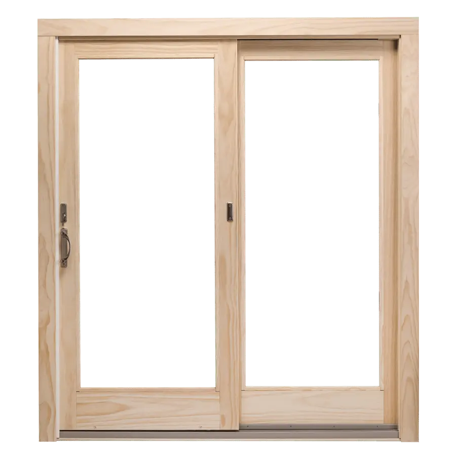 Light wood sliding patio window with two glass panels and a central latch