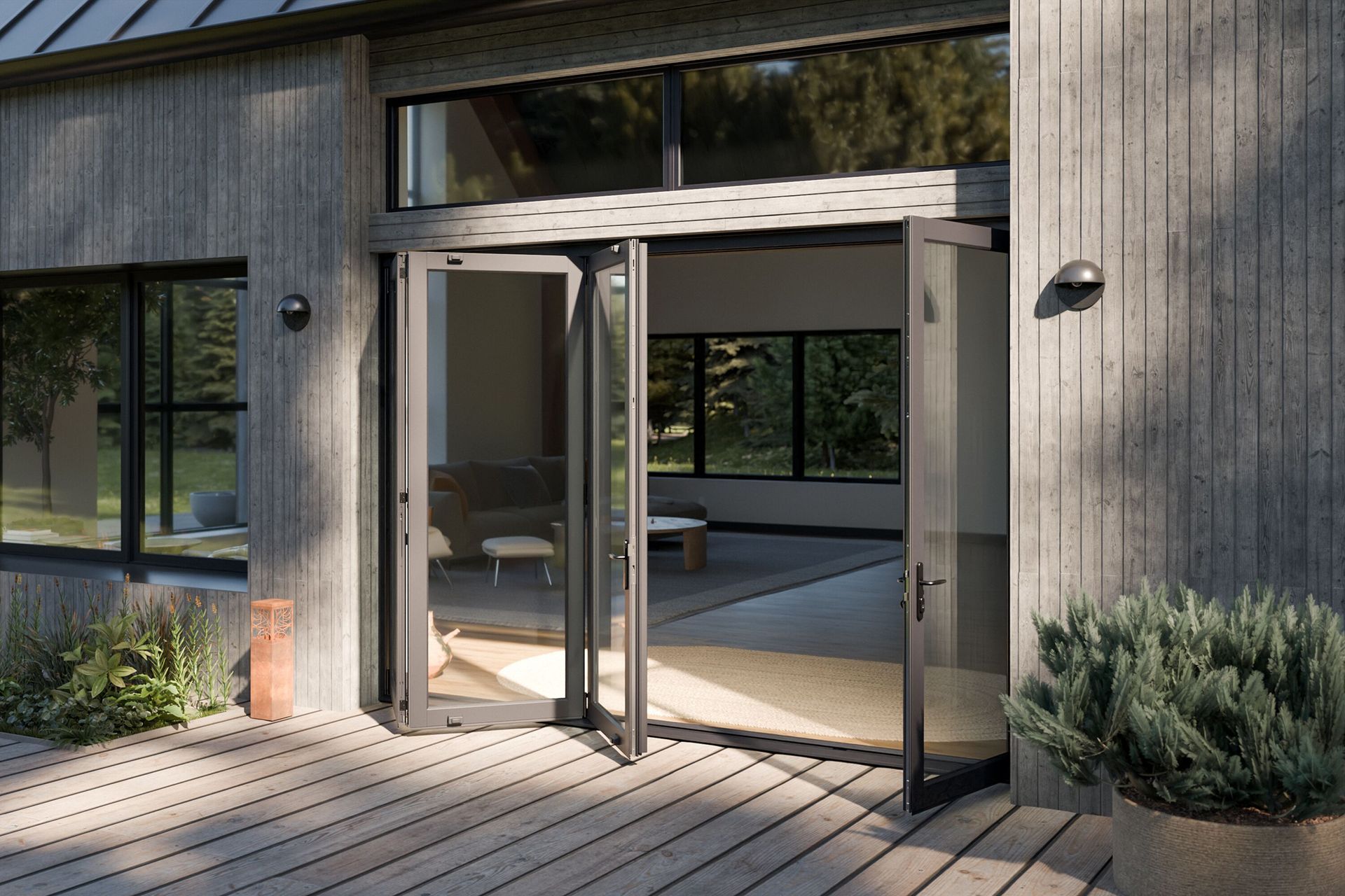 Modern building entrance with open glass doors and sunlight on a wooden deck.