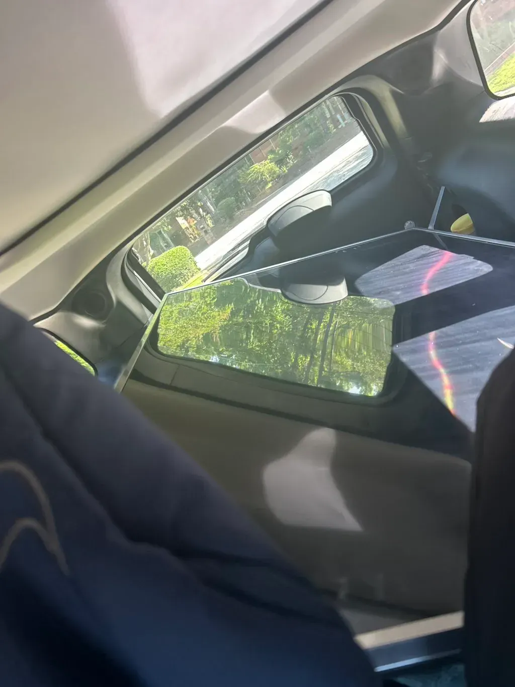 View from inside a vehicle showing a rectangular mirror reflecting green trees and a window through the back seat area.