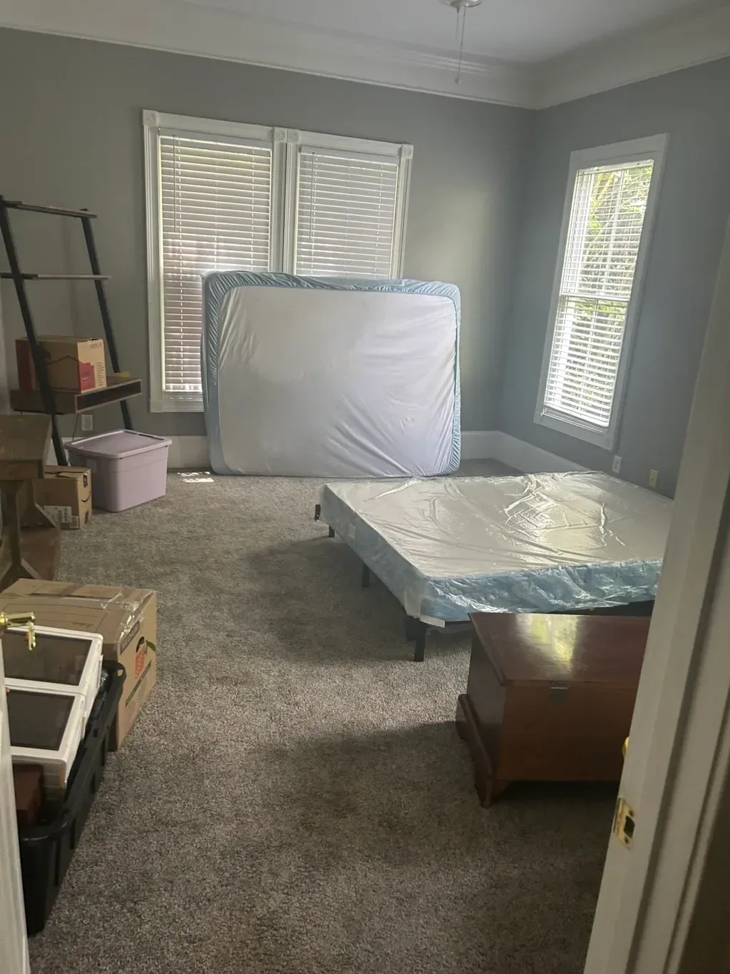 A sparsely furnished room with grey carpet and walls, containing a mattress, a bed frame, storage bins, and a wooden chest.