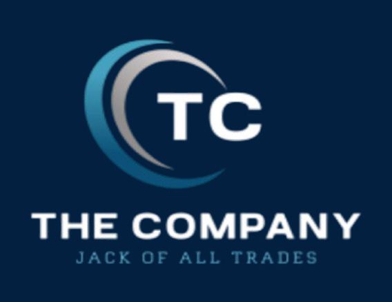 Logo for "The Company" featuring a white "TC" inside a teal and gray swoosh against a dark blue background.