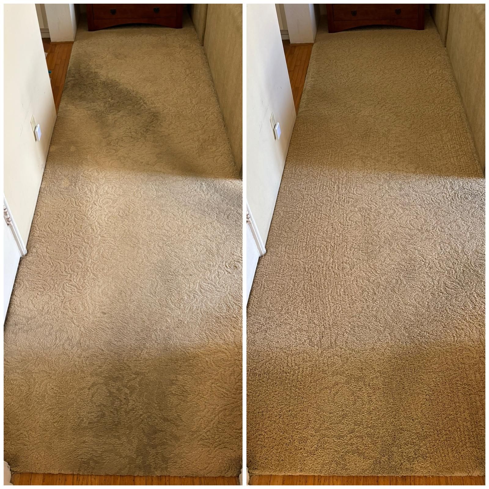 Two side-by-side carpeted hallway photos showing a carpet-cleaning comparison, with one cleaner than the other