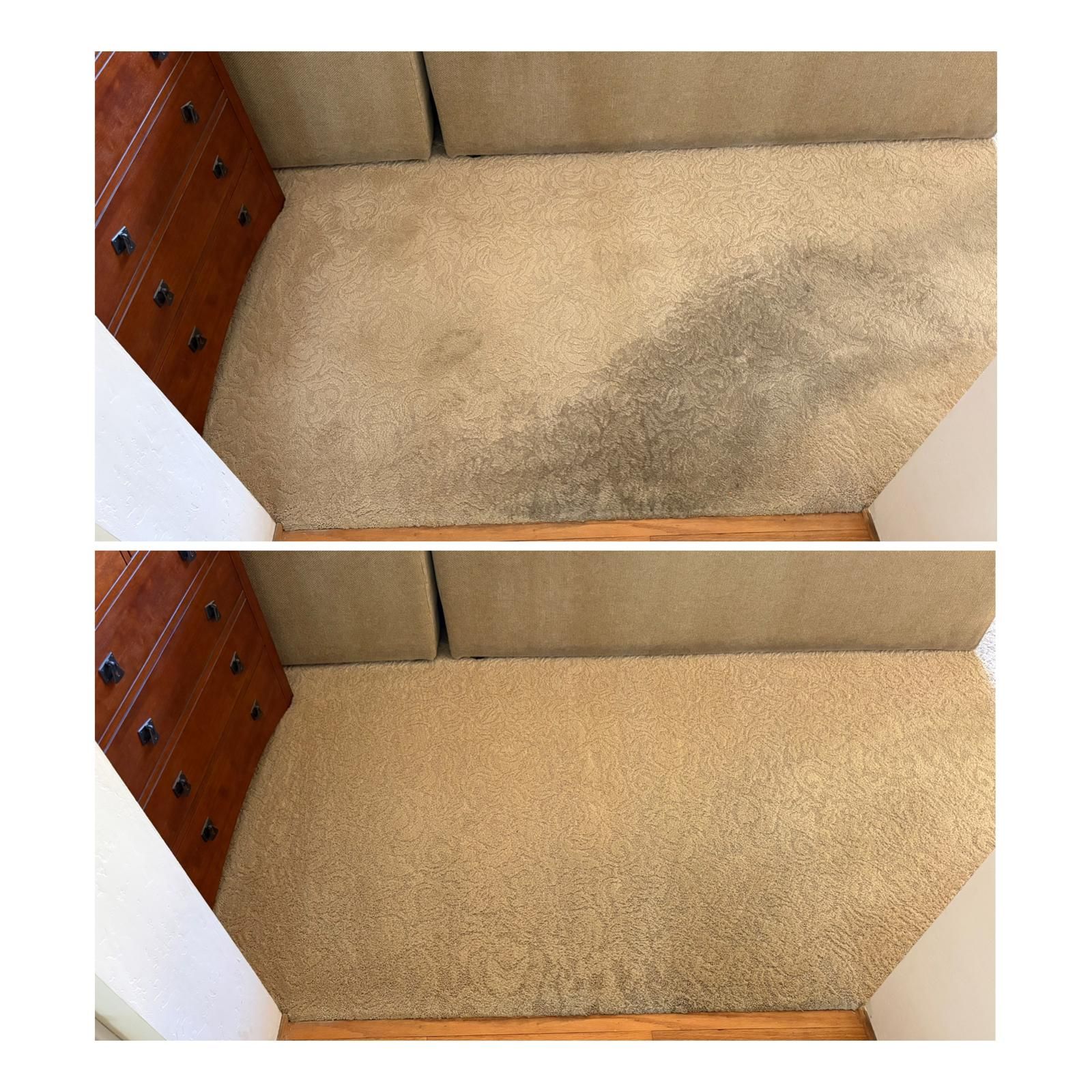 Before-and-after view of a beige carpeted closet floor, showing a cleaned stain on the right side.