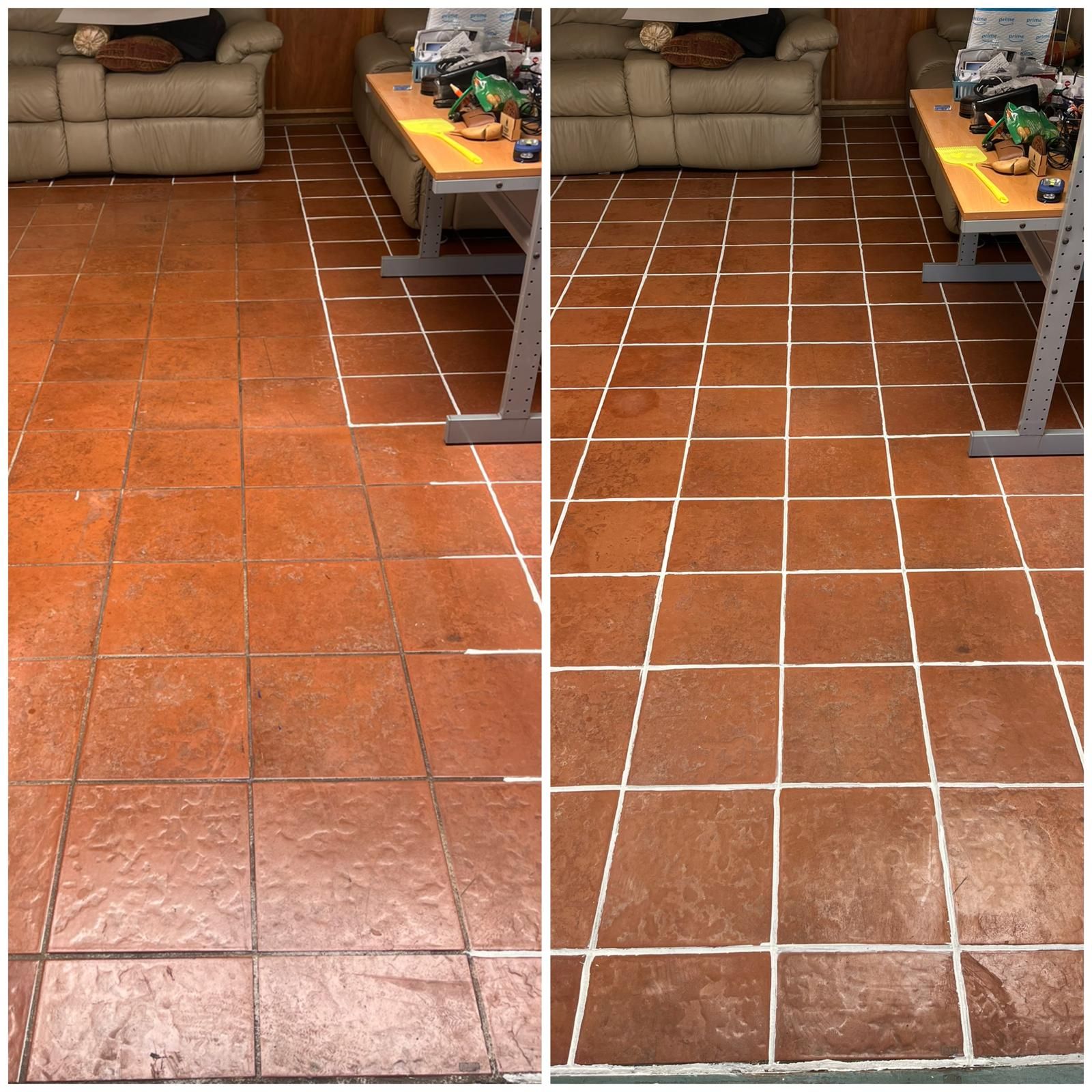 Split-view of a terracotta tile floor, with and without white grout lines, in a living room