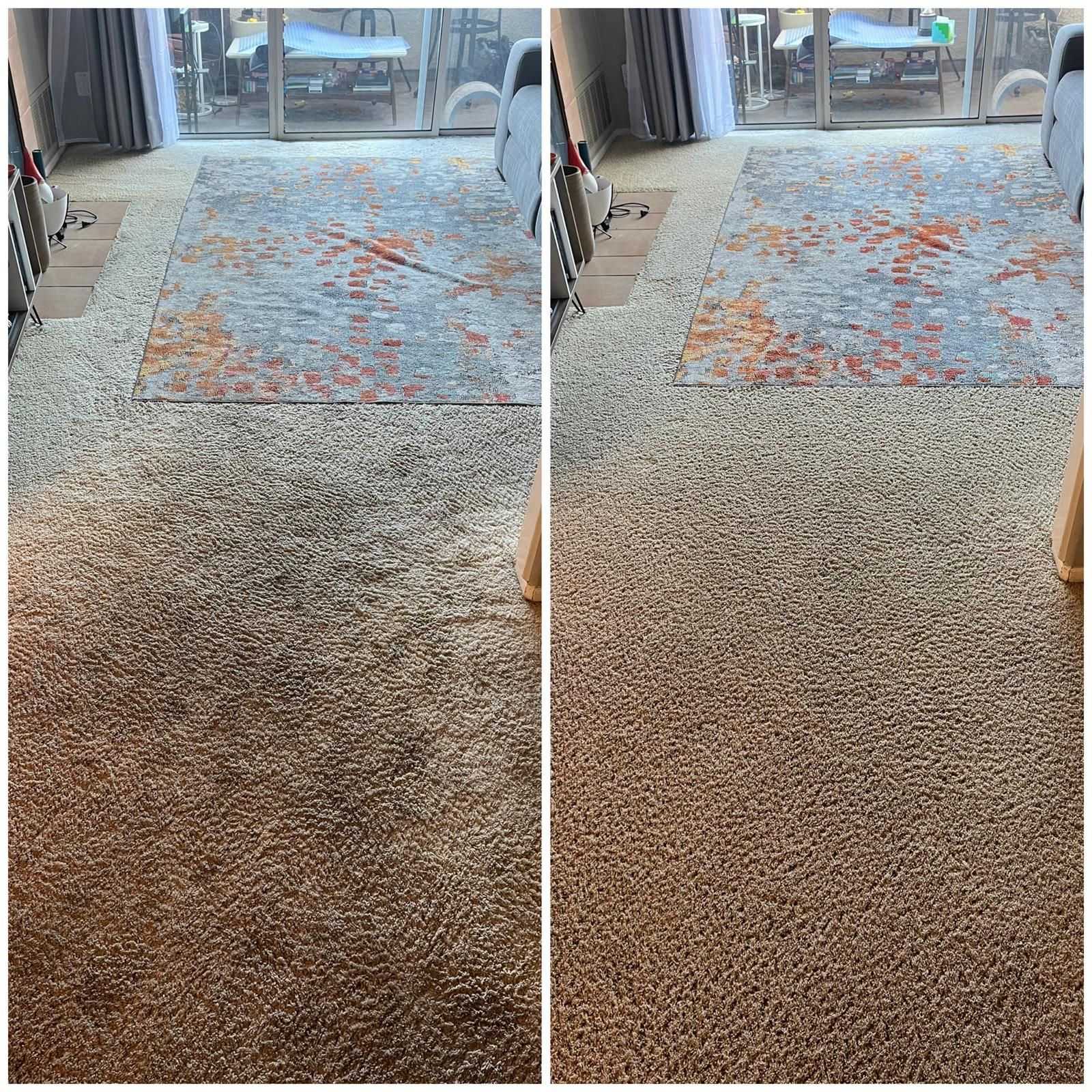 Side-by-side carpet comparison near a sliding glass door: light blue-orange pattern above, brown below.