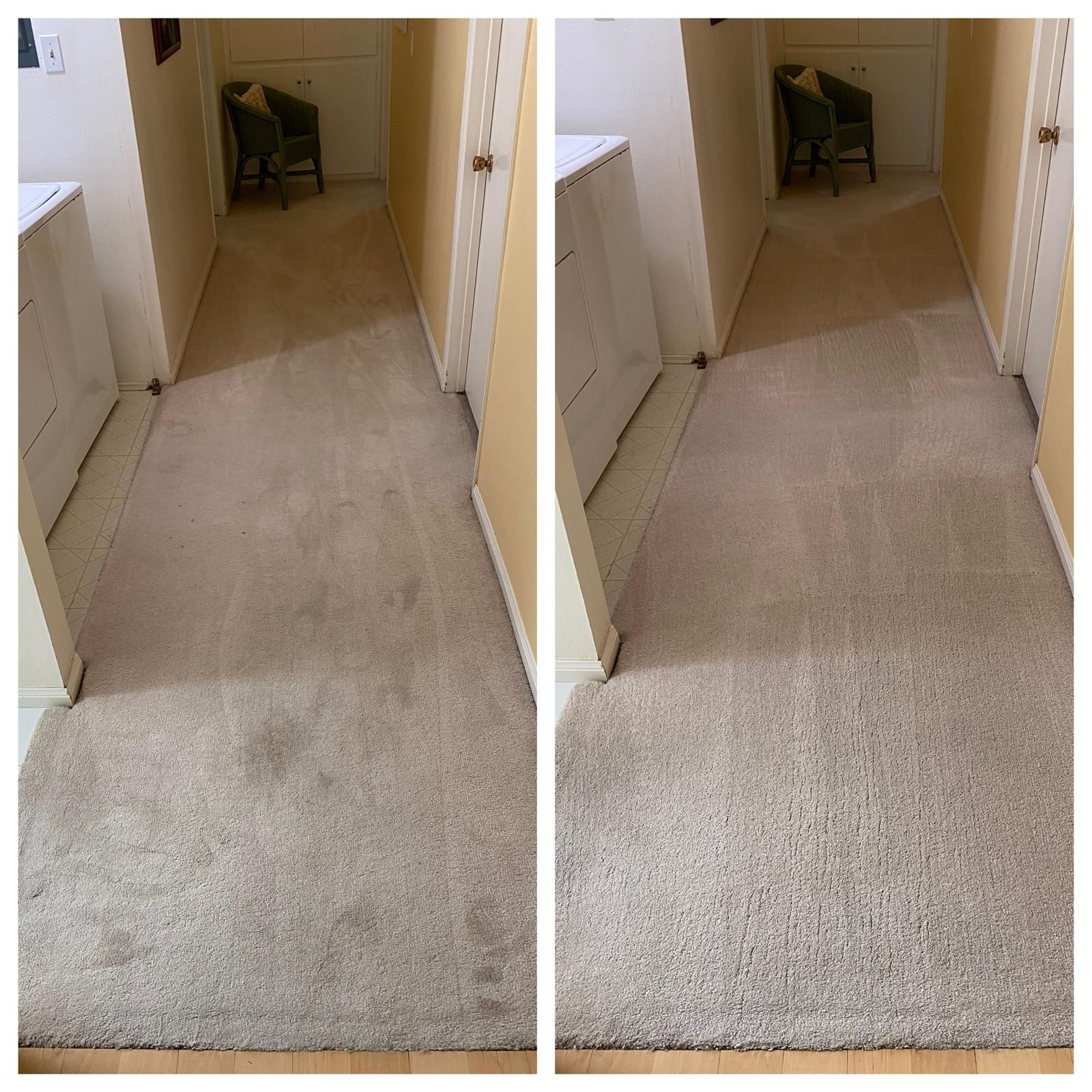 Before-and-after carpeted hallway showing a cleaned and a dirtier section.