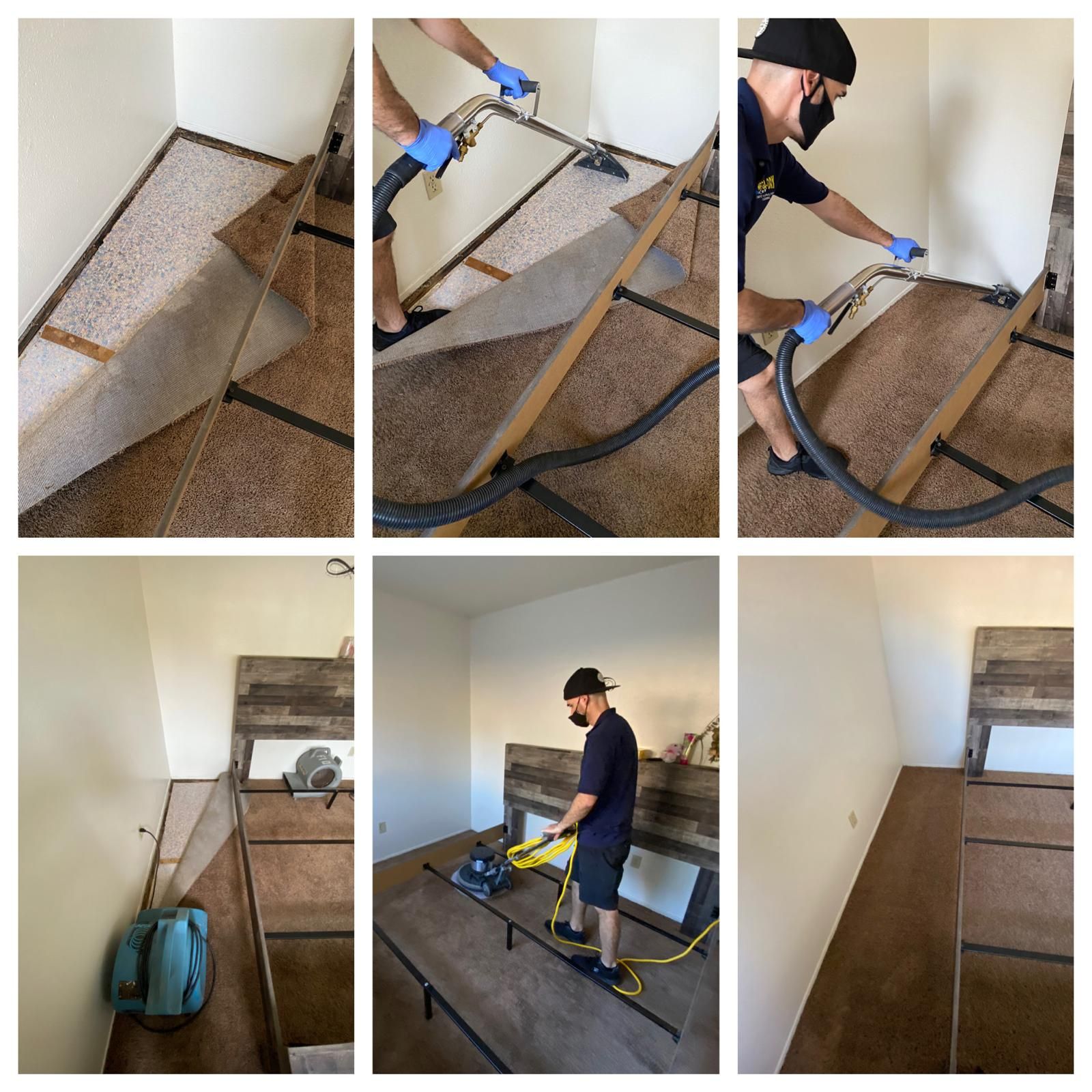 Worker using a vacuum sander to refinish a staircase in a small room, with dust hose and equipment nearby
