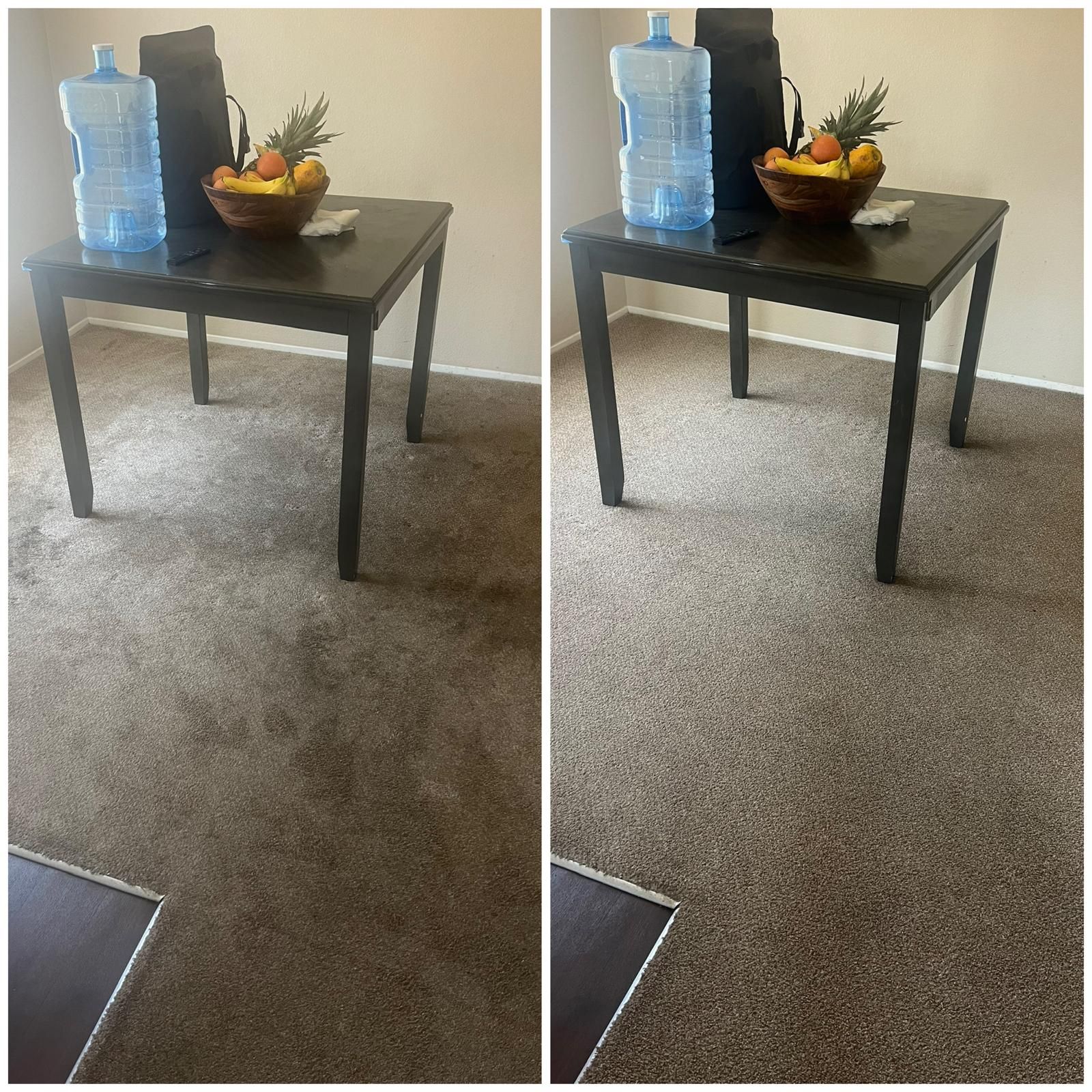Split photo of a black table with a blue water jug and fruit bowl on beige carpet.