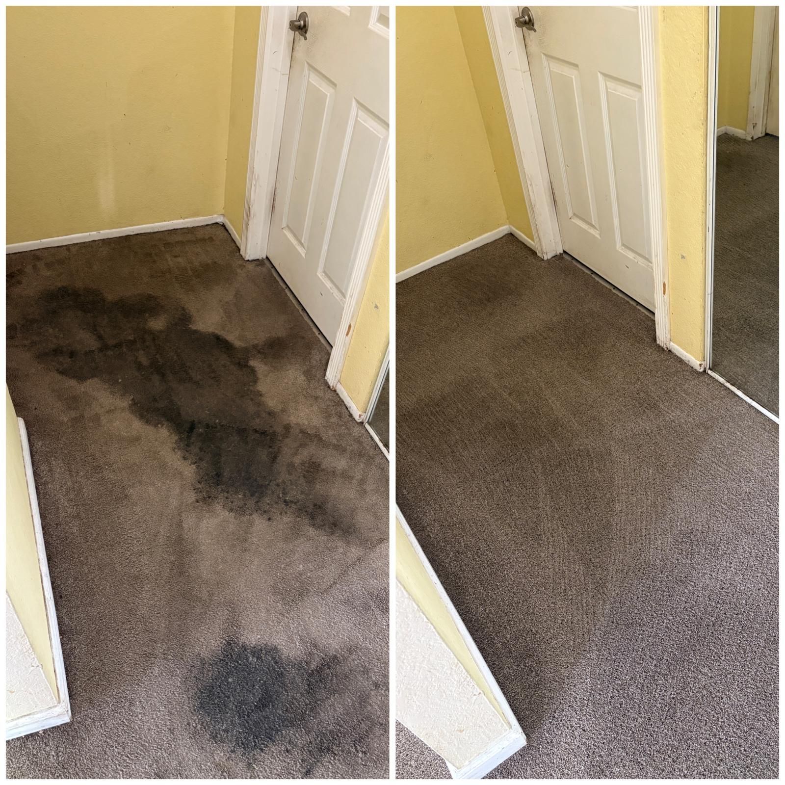 Hallway carpet before-and-after cleaning, showing dark stains removed from gray-brown flooring.
