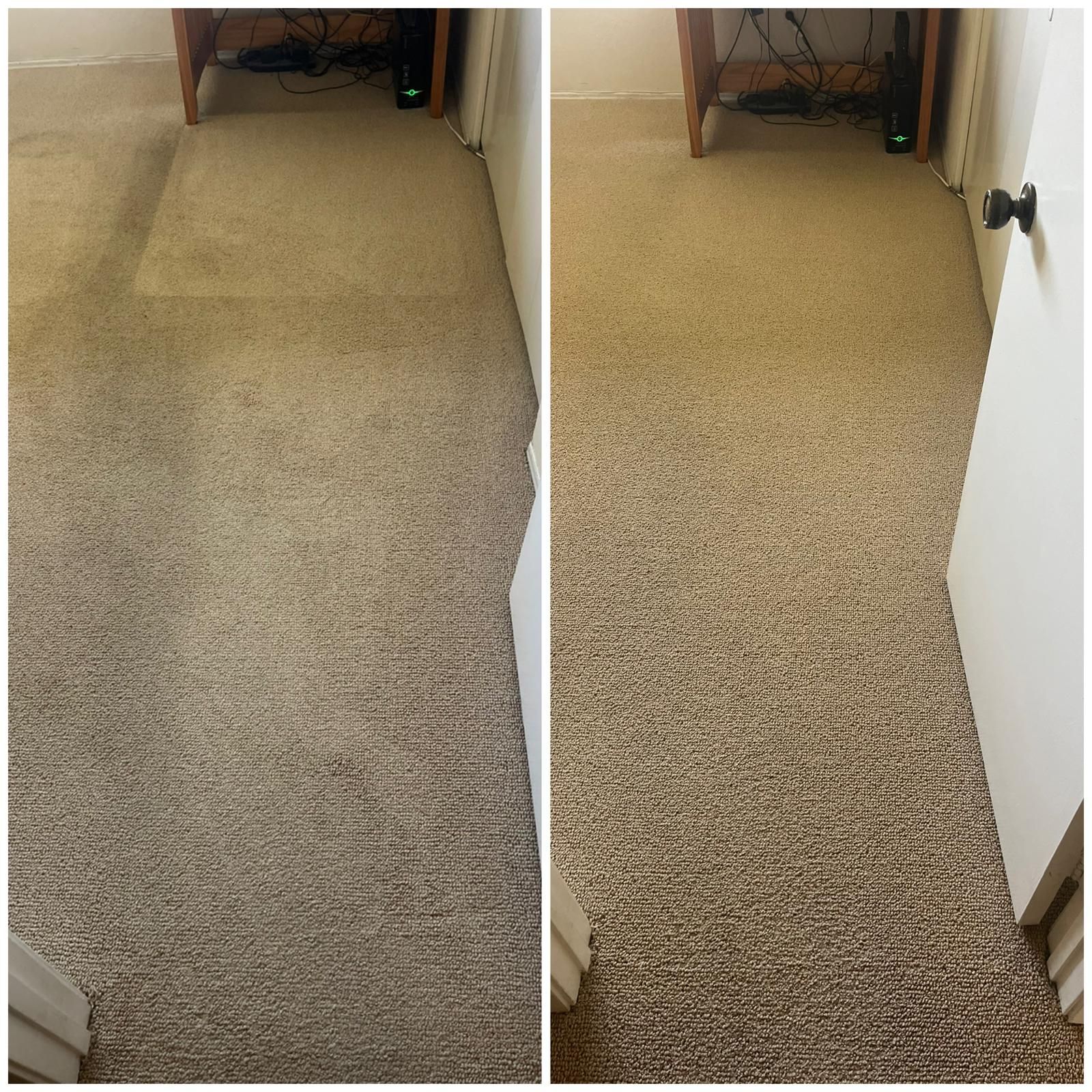 Split view of a beige carpeted hallway showing a wrinkled section near a doorway