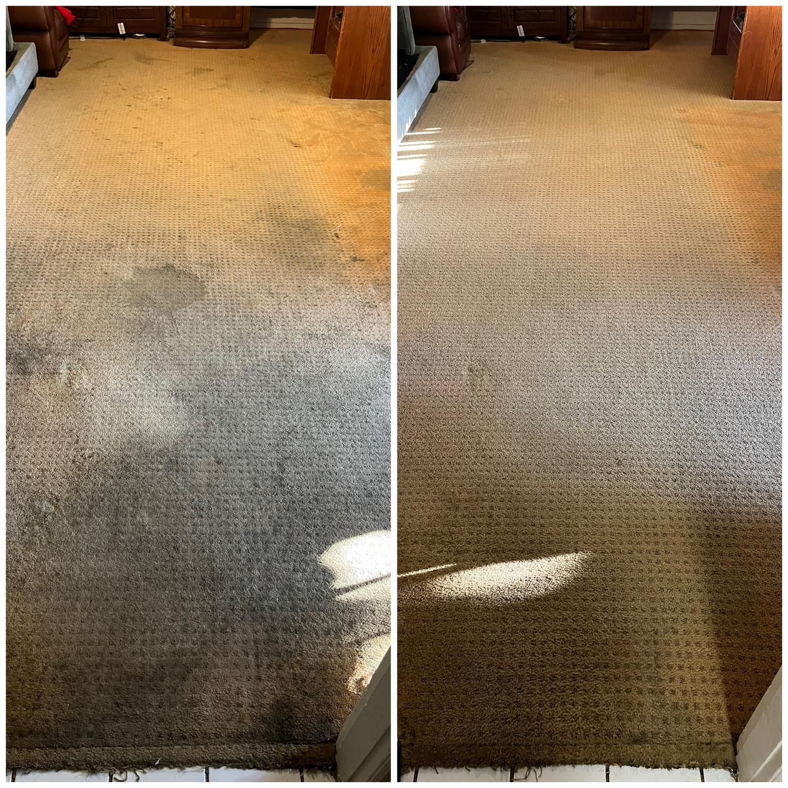 Side-by-side carpet stain removal before and after, showing a gray-brown rug cleaned to a lighter beige.