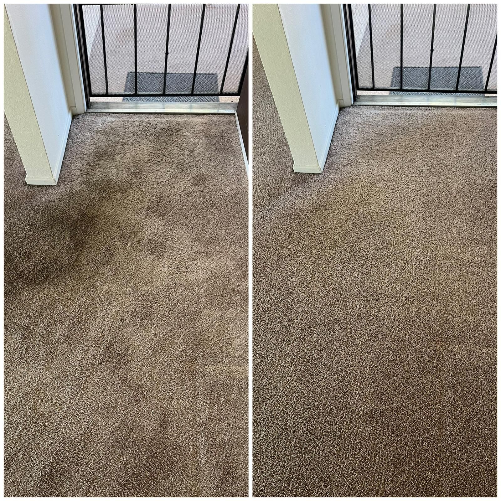 Side-by-side carpet comparison: stained brown carpet on left, cleaner beige carpet on right by a doorway.