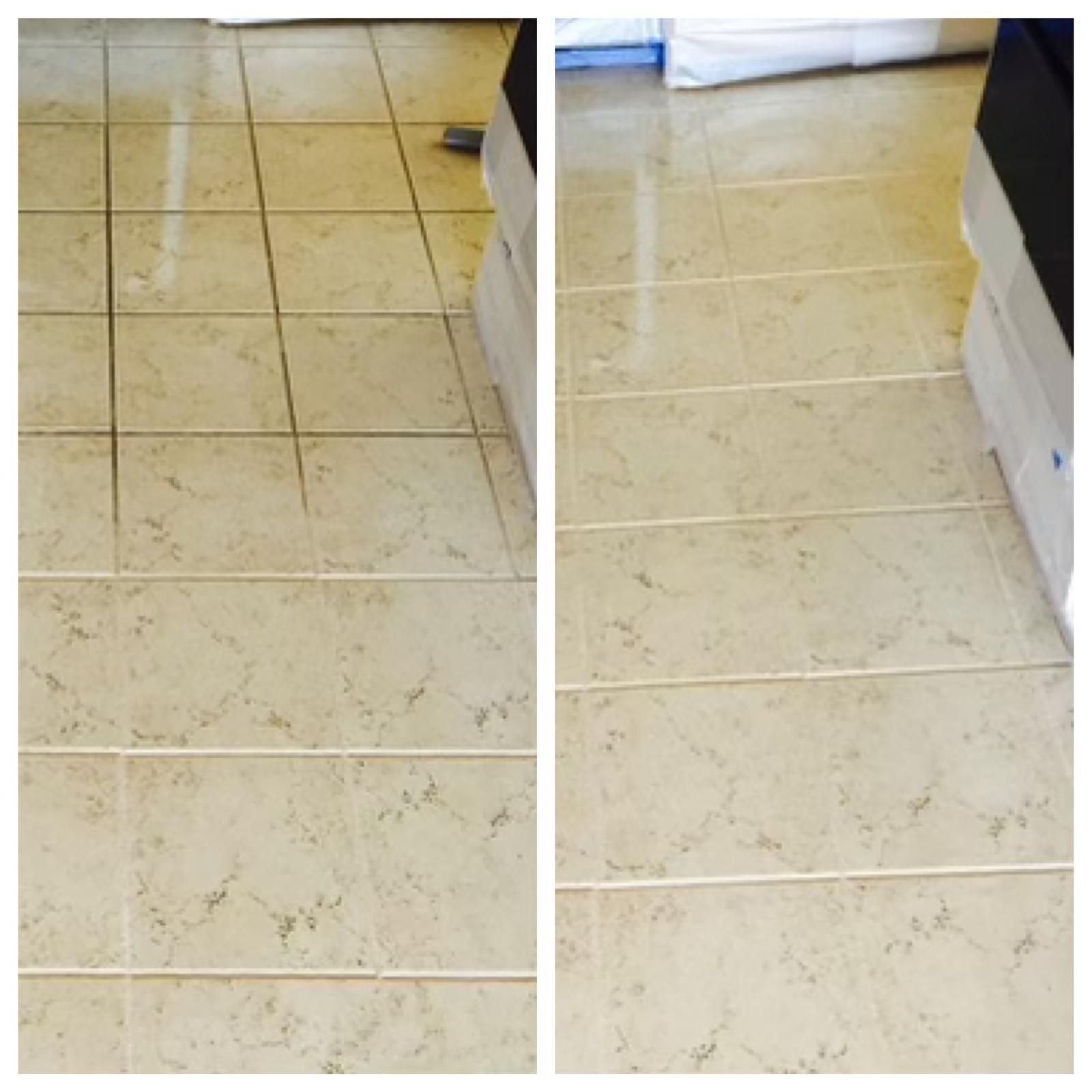 Two side-by-side views of a beige tiled floor with dirt and stains near a doorway.