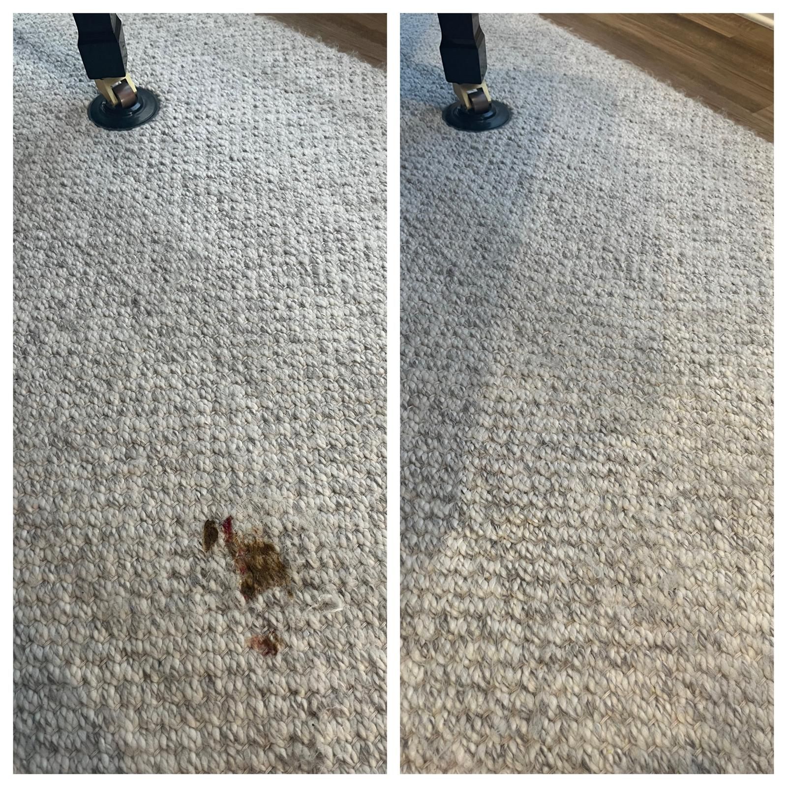 Carpet with a small brown stain near a table or chair leg, shown in two side-by-side views.