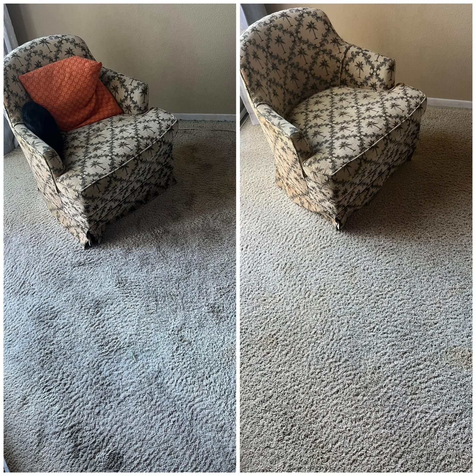 Two side-by-side views of a patterned armchair on a beige carpet, one with an orange pillow.