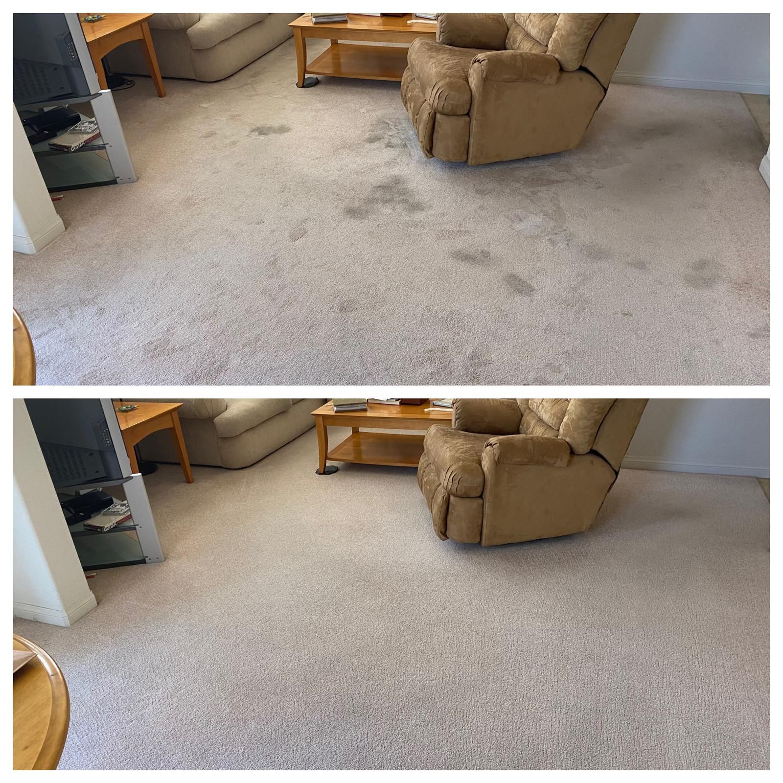 Before-and-after view of a beige carpeted living room with a recliner, sofa, and wooden coffee table.