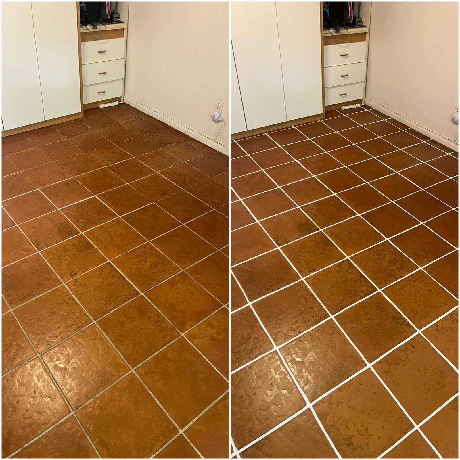 Tiled room floor shown before and after cleaning, with the right side brighter and whiter grout lines.
