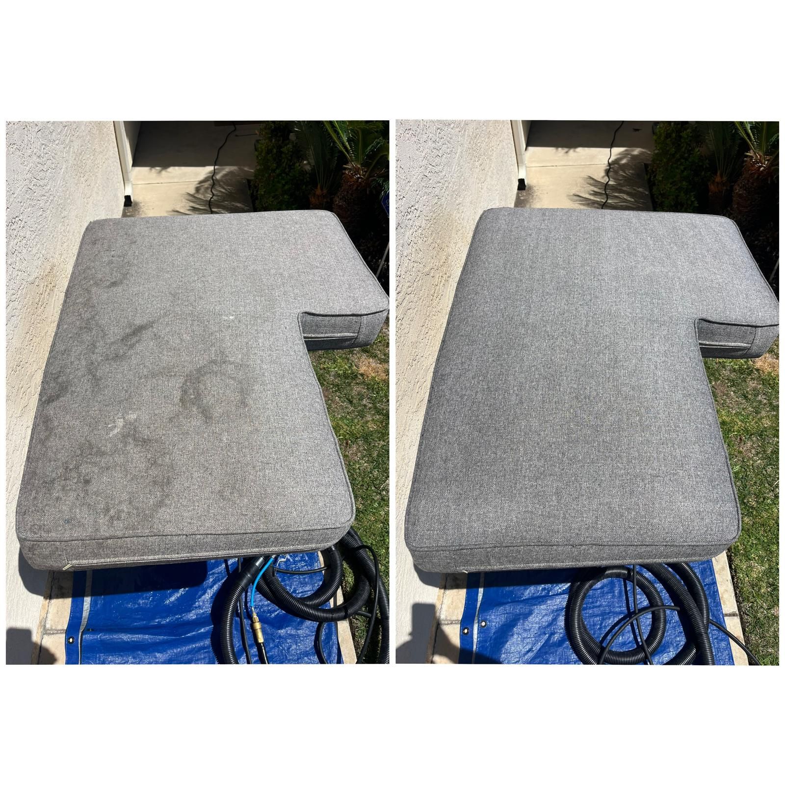 Before-and-after view of a gray carpeted tabletop, showing stains on the left and cleaned surface on the right.