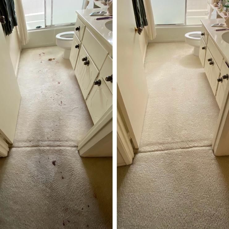 Carpeted hallway before-and-after: stained gray carpet transformed to clean beige near a bathroom.