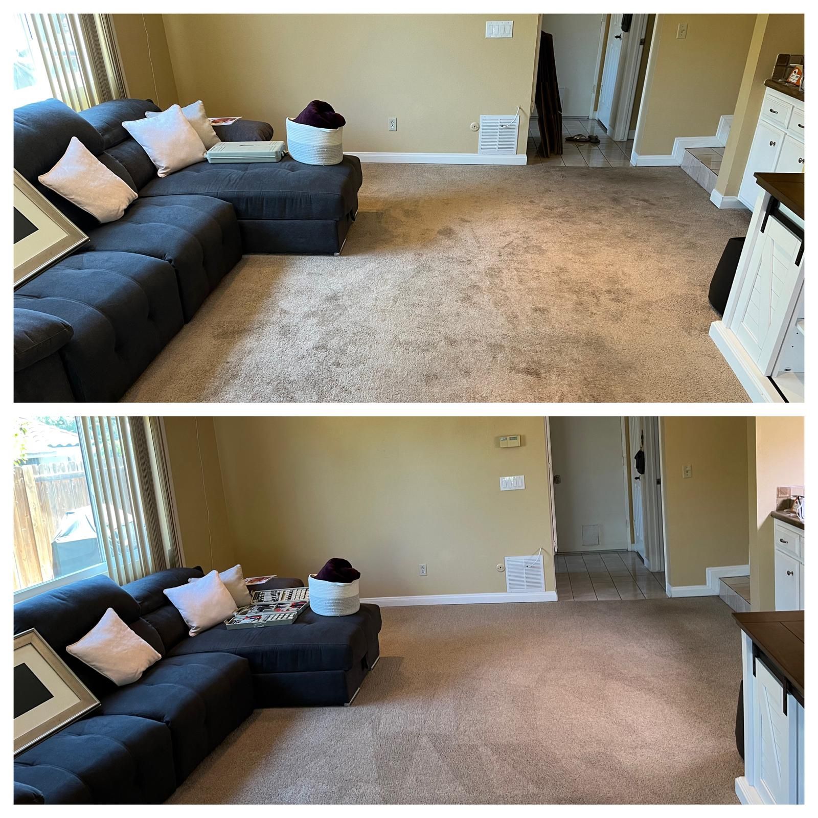 Side-by-side living room before-and-after: carpet cleaned, with gray sectional sofa and beige walls.