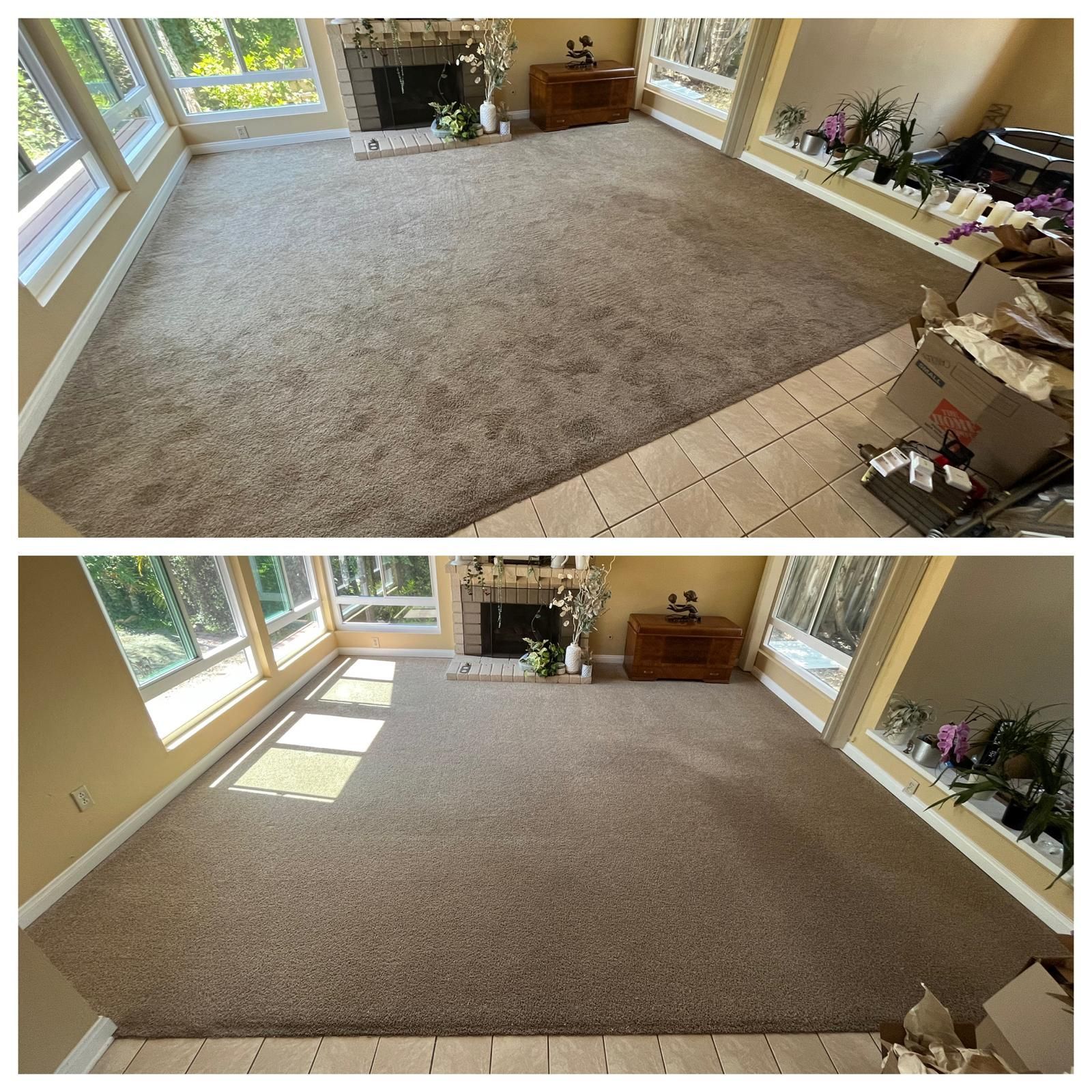 Living room with beige carpet, tile border, windows, and fireplace, shown in before-and-after floor views