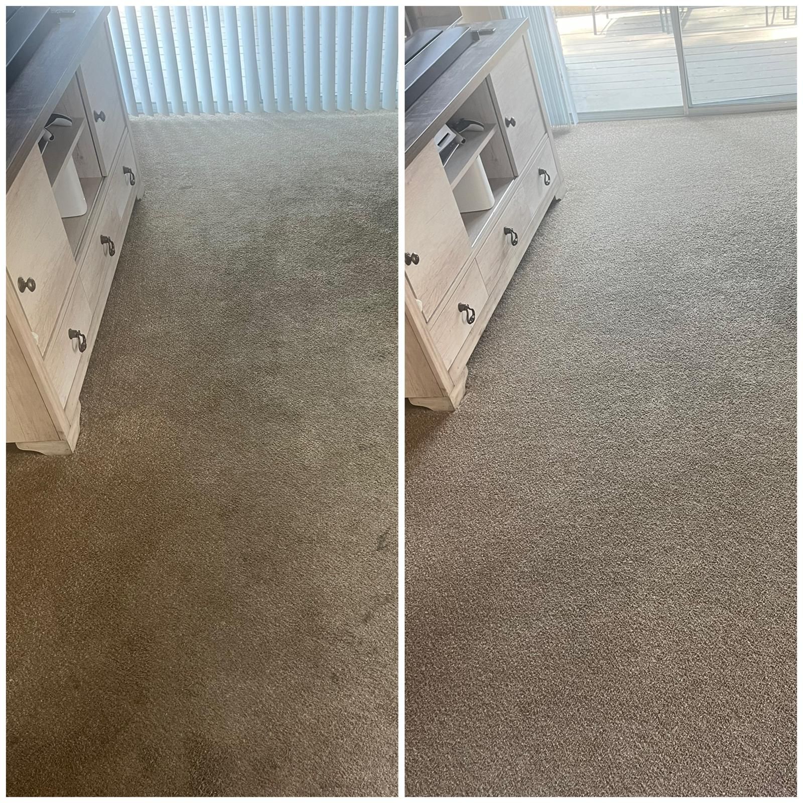 Split-screen of a carpeted room, showing a darker left side and brighter right side near a window or sliding door