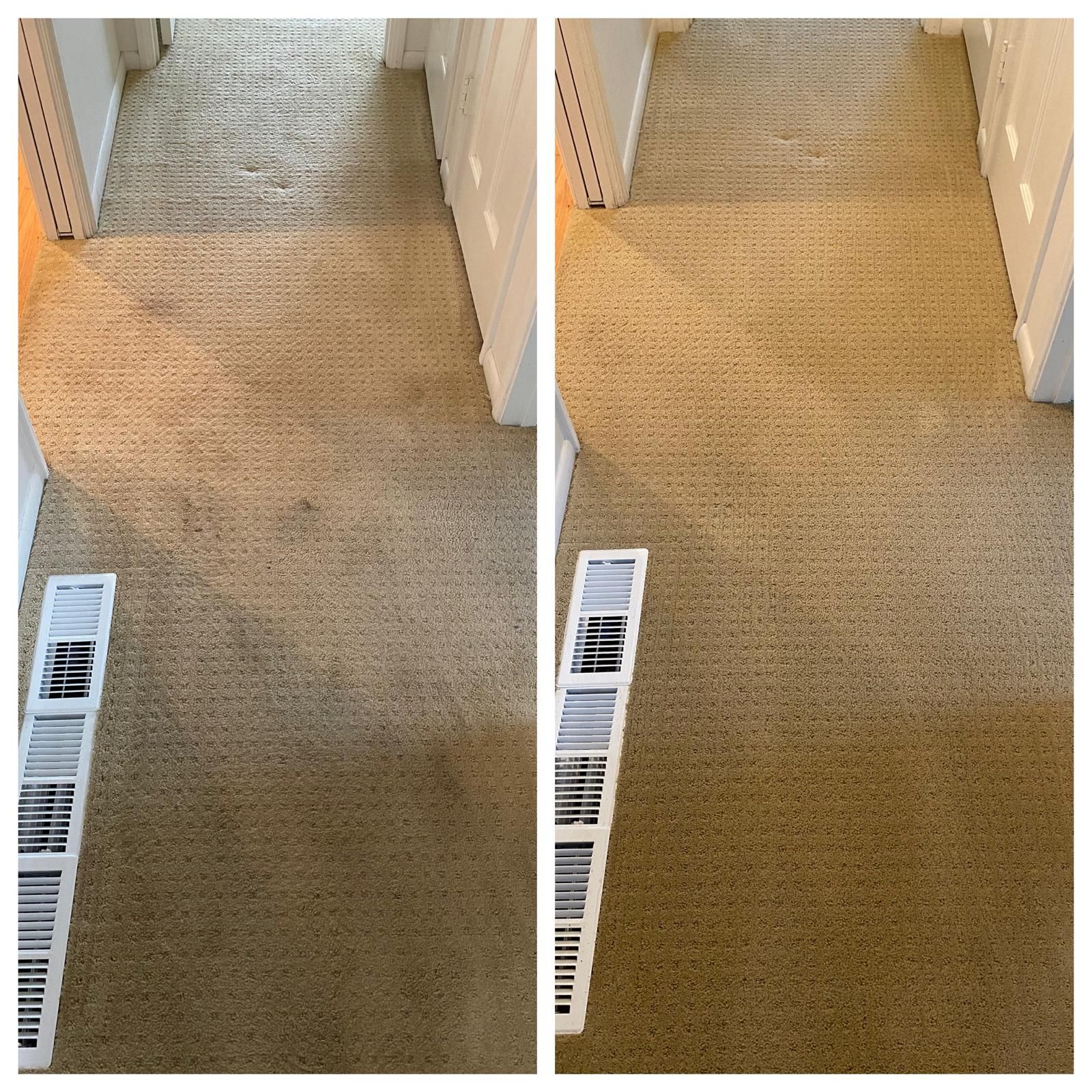 Side-by-side carpet comparison in a hallway, showing a lighter left section and darker right section.