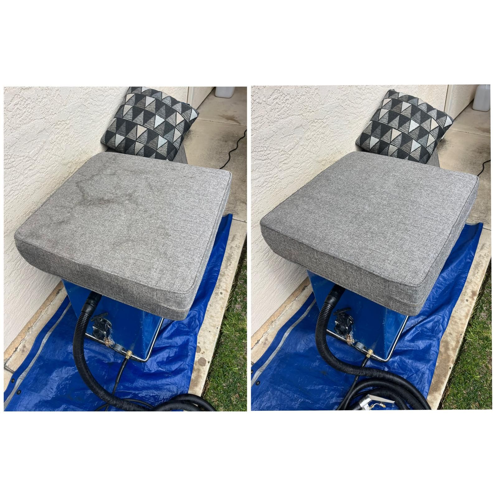 Before-and-after view of a gray cushion on a black stand over a blue tarp, with a patterned pillow behind it.