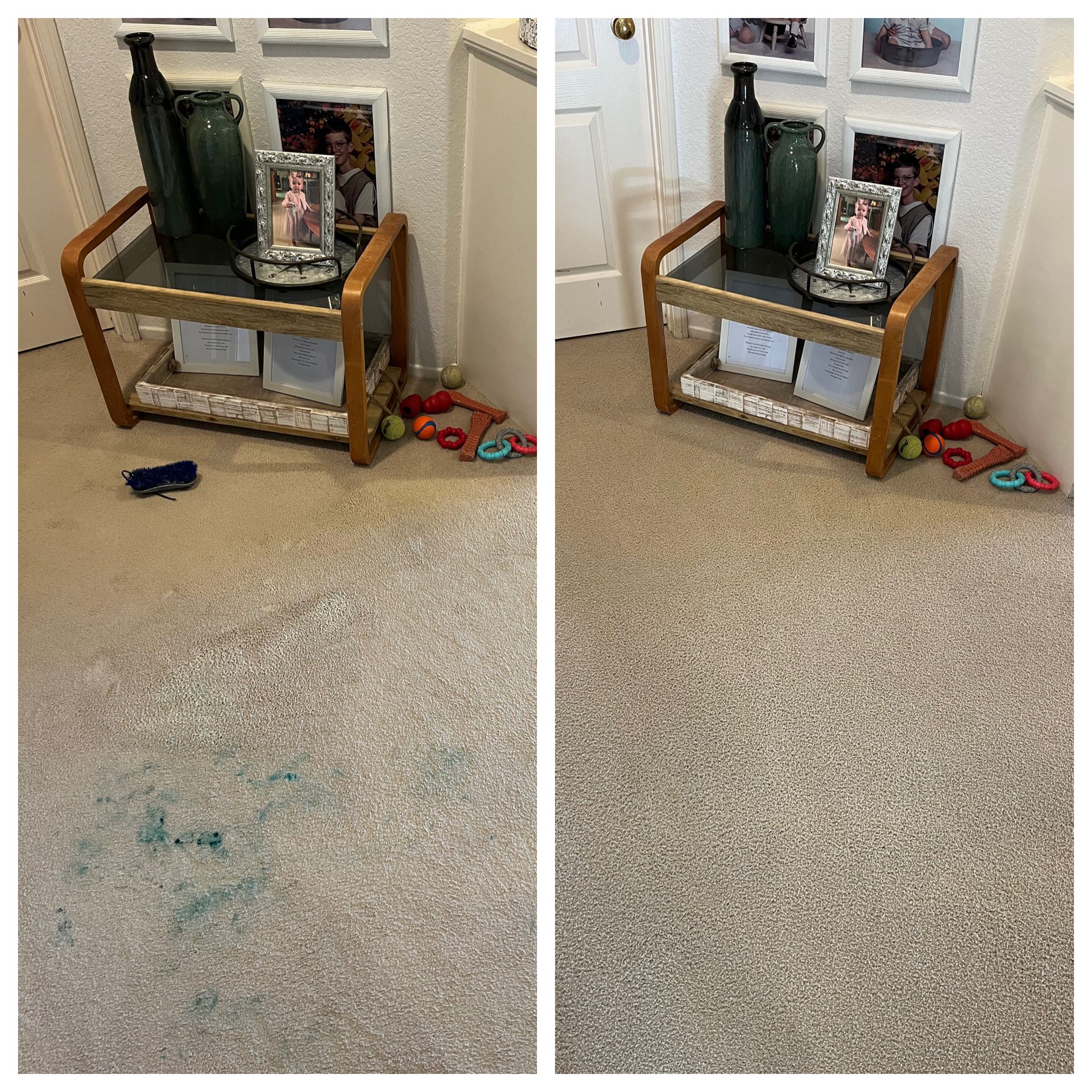 Living room corner with a small wooden table, mirror, and toys on a beige carpet; two similar views side by side.