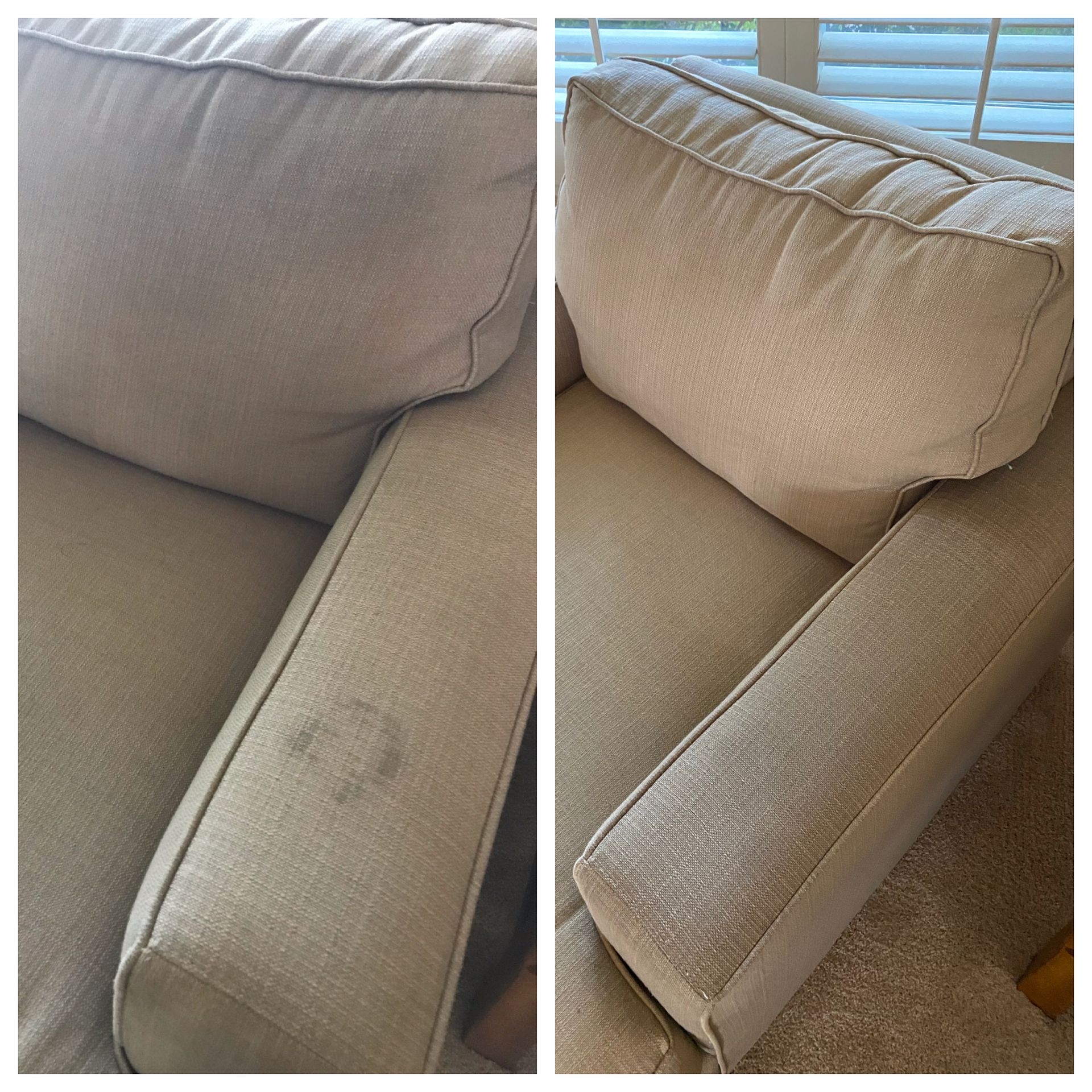Beige sofa armrest with worn, frayed fabric and close-up seam detail by a window.