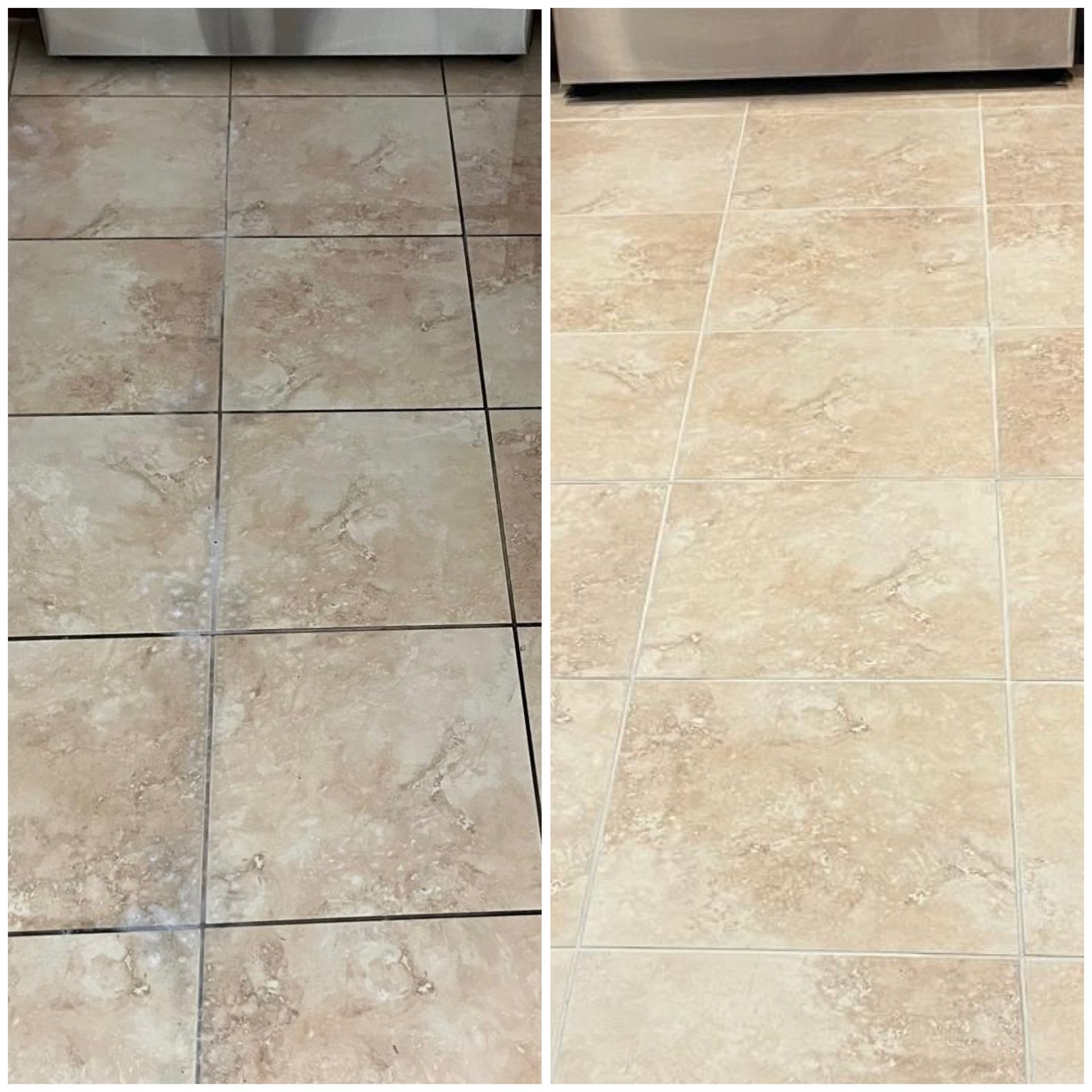 Before-and-after view of tiled kitchen floor: darker grout on left, cleaner beige tiles on right.