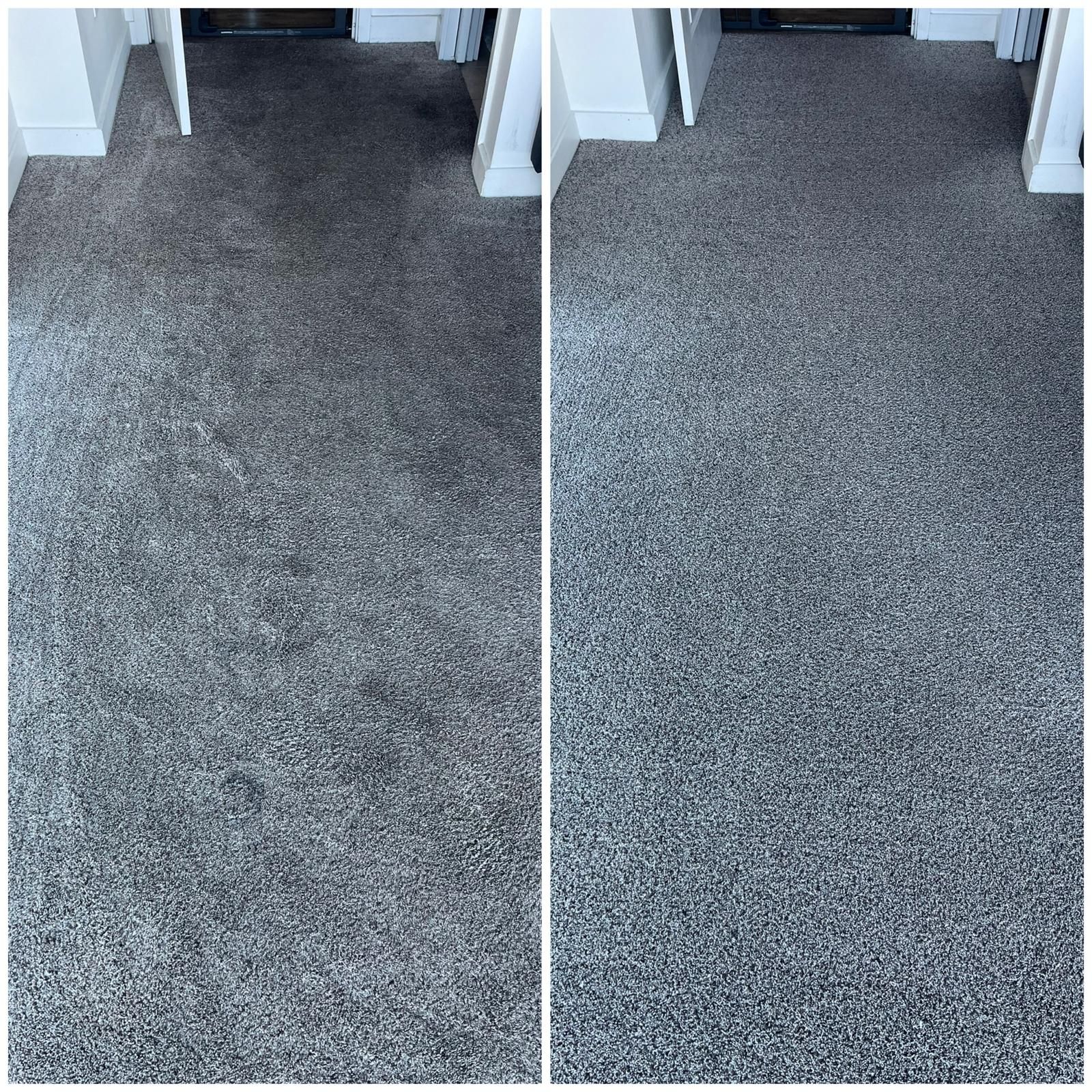 Side-by-side view of a gray speckled carpeted hallway floor near a doorway