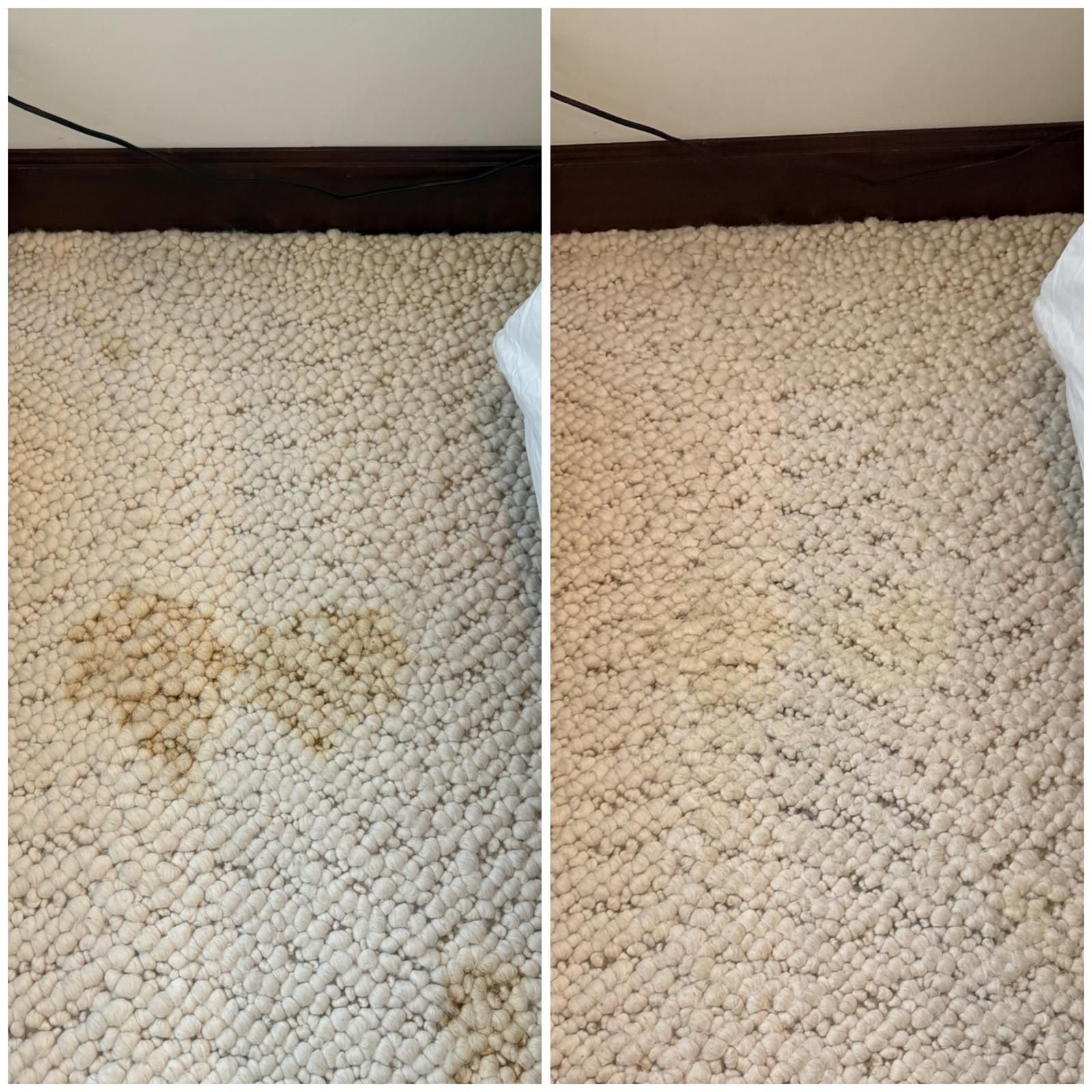 Side-by-side carpet comparison: left shows a tan stain, right is clean beige carpeting near a baseboard.