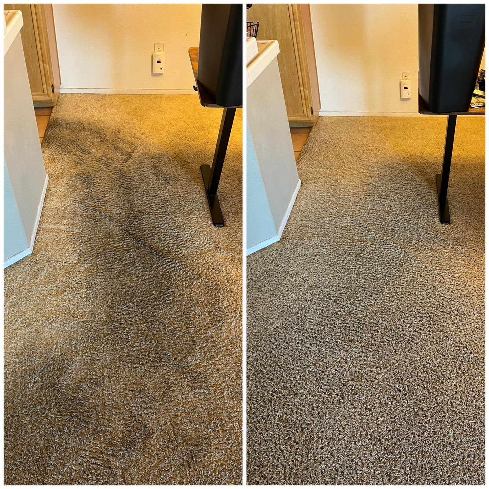 Before-and-after view of a carpeted floor near a wall and doorway, showing a cleaner area on the right.