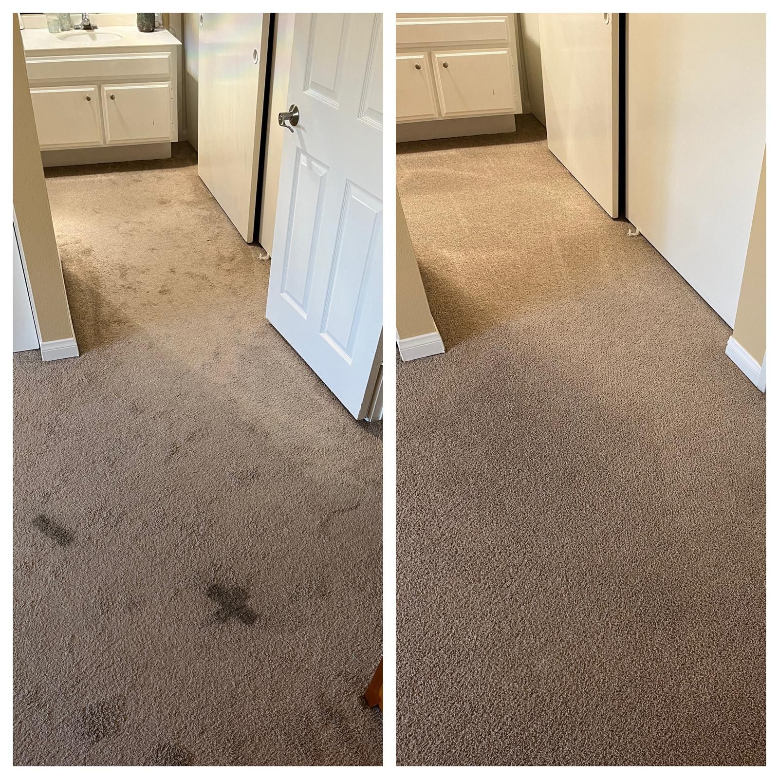 Carpeted hallway before and after cleaning, with a door and bathroom vanity visible.