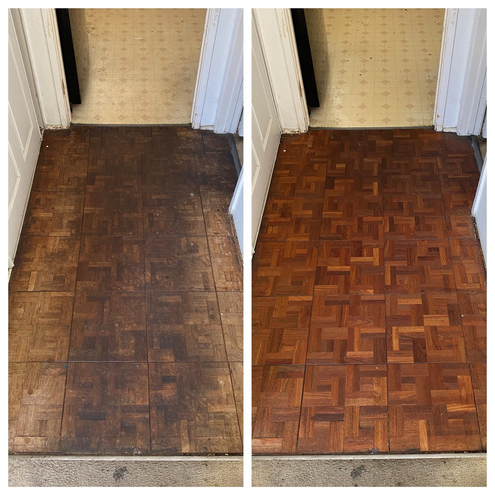 Before-and-after view of a parquet floor, showing a darker worn finish beside a restored glossy wood finish.