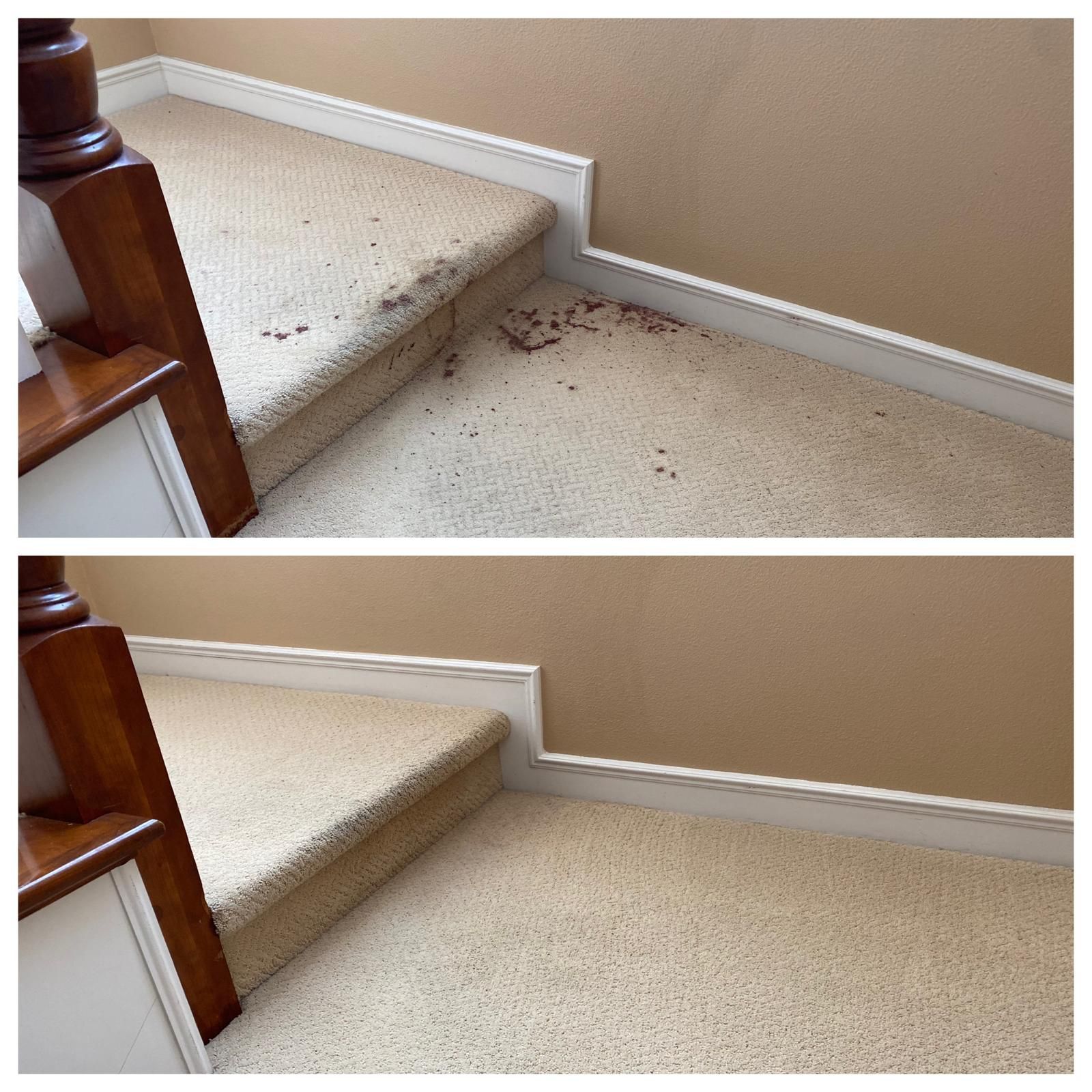 Before-and-after carpet stair landing cleaning; dirty speckled floor becomes clean beige carpet.