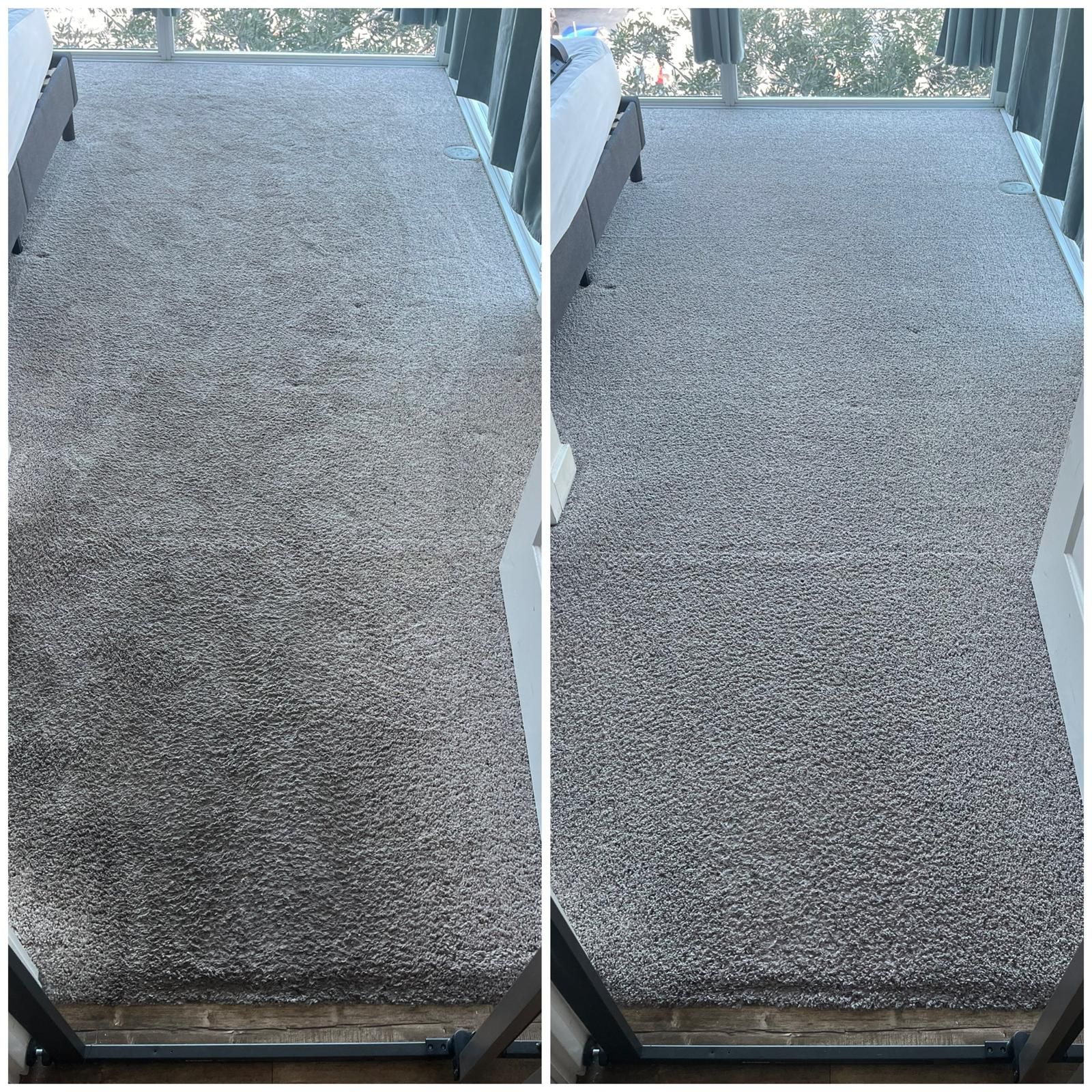 Side-by-side view of a gray carpeted stair runner, showing a darker left side and lighter right side.