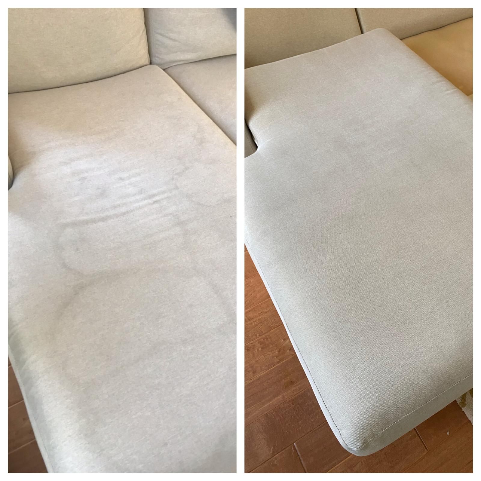 Light beige upholstered cushion shown with before-and-after cleaning results on a couch and chair seat.