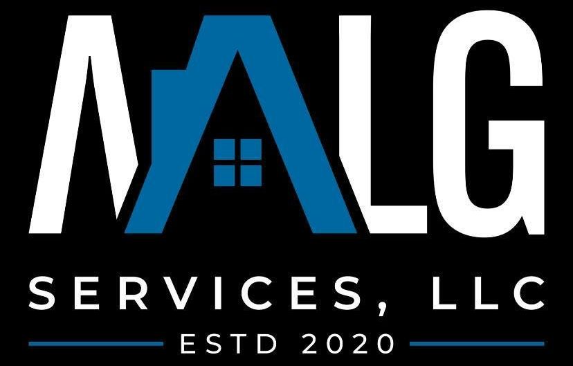 The logo for malg services , llc is blue and white on a black background.