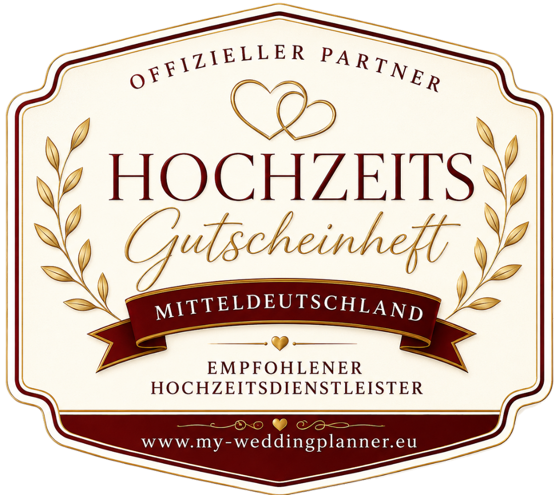 Logo für ein Hochzeits-Gutscheinheft: cremefarben mit roten Akzenten, goldenen Zweigen und Herzen.