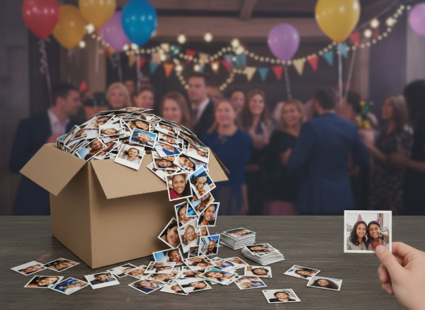 Cardboard box overflowing with photos, people at a party in background, hand holding a photo.