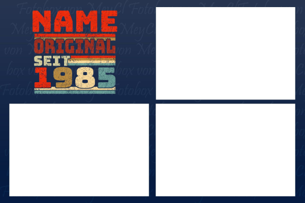 Name des Originalsets, Design von 1985, auf blauem Hintergrund mit drei leeren weißen Feldern