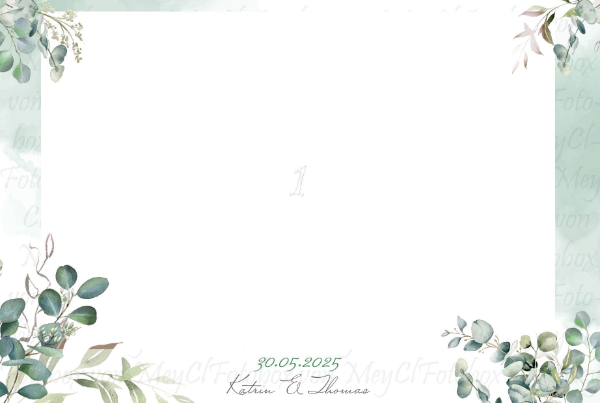Vorlage für eine weiße, florale Aquarell-Hochzeitseinladung mit grünem Rand und freiem Mittelteil.