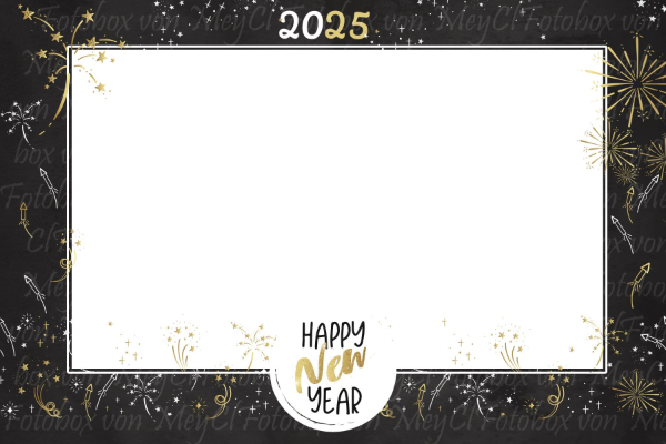 Festlicher Rahmen in Schwarz und Gold mit der Aufschrift „Neujahr 2025“, leerer Mitte und dem Text „Frohes Neues Jahr“.
