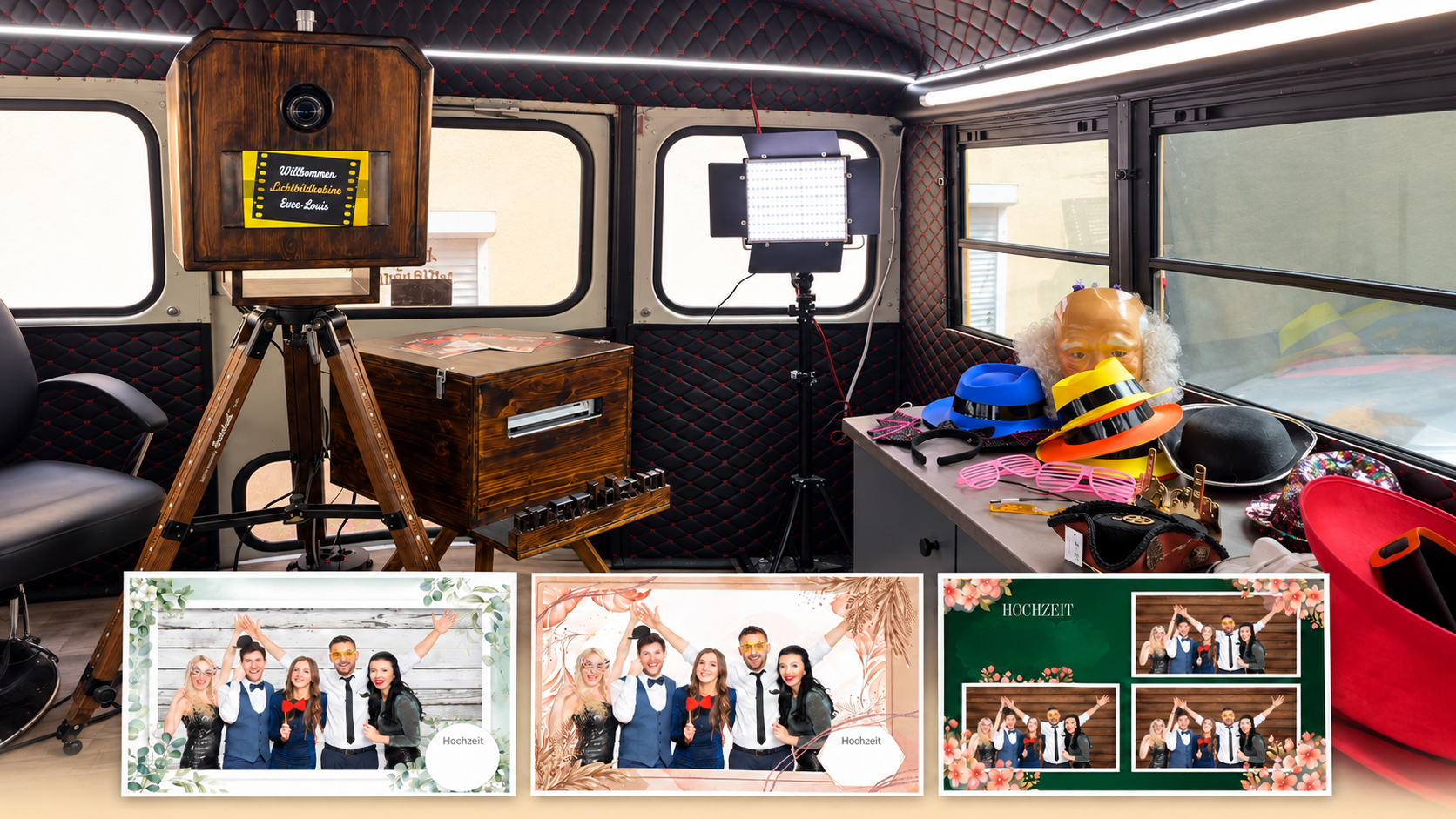 Interieur eines luxuriösen Wohnmobils mit zwei Fernsehbildschirmen, einem Holzschrank, Ledersitzen und Fotocollagen am unteren Rand.