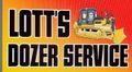 A sign with the text "LOTT'S DOZER SERVICE" in black, bold lettering against a yellow-to-red gradient, plus a yellow bulldozer.