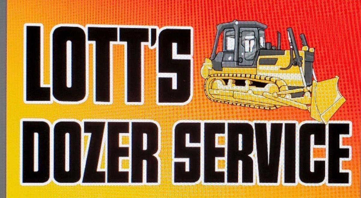 A sign with the text "LOTT'S DOZER SERVICE" in black, bold lettering against a yellow-to-red gradient, plus a yellow bulldozer.