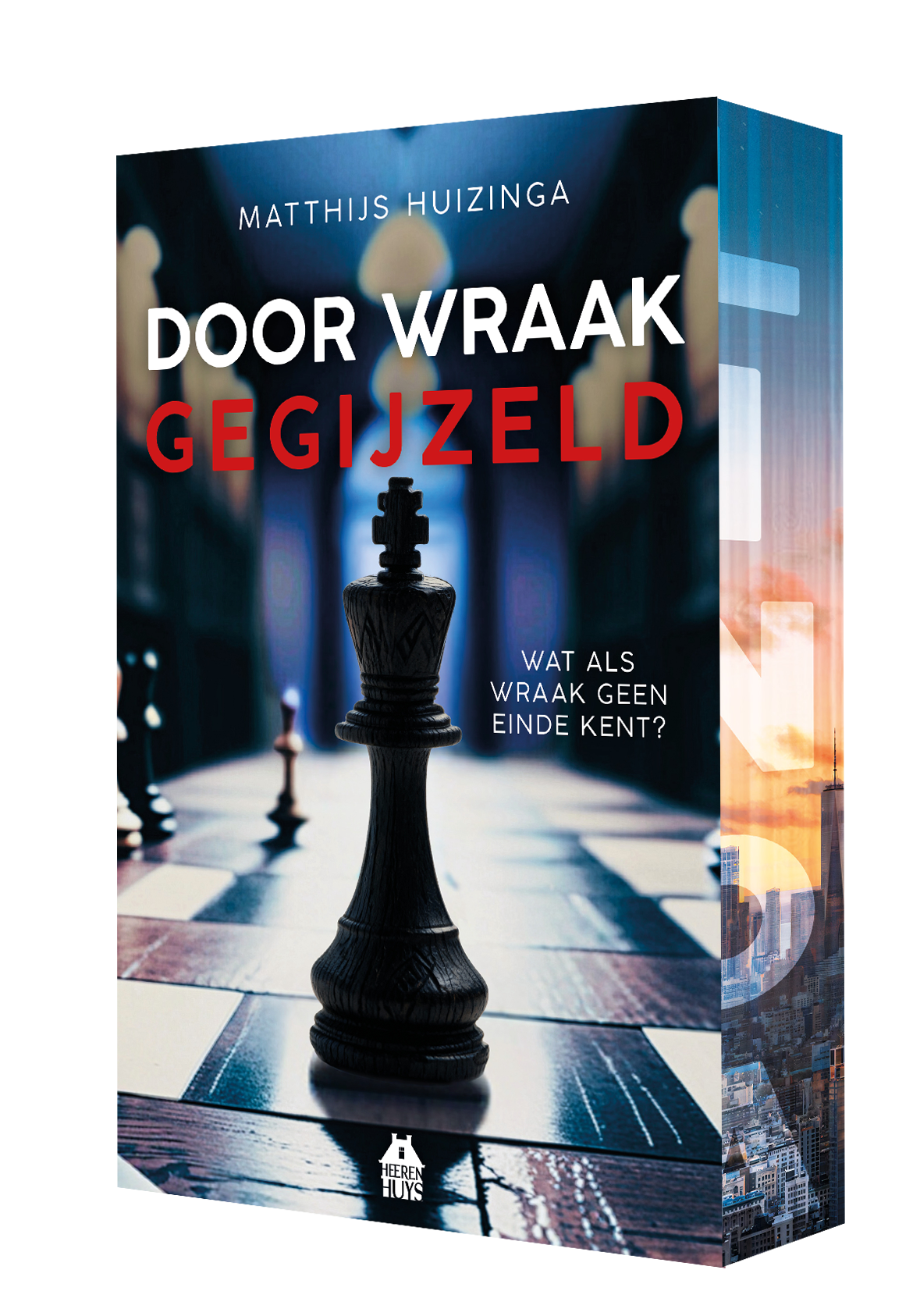 Boekcover met een zwart schaakstuk op een blauw-oranje schaakbord, getiteld 