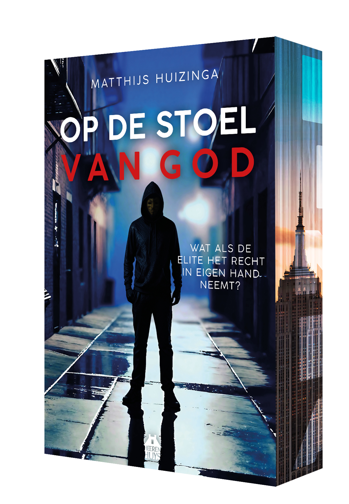 Boekcover met een silhouet van een man die door een stadssteeg loopt, met Nederlandse titeltekst en een skyline bij zonsondergang.